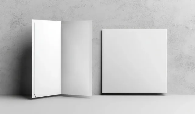 An open white document folder with empty pages and a closed cover on a soft gray background.