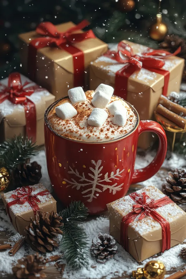 Red mug of hot cocoa with marshmallows surrounded by watercolor-style holiday gift boxes and ribbons on greenery.