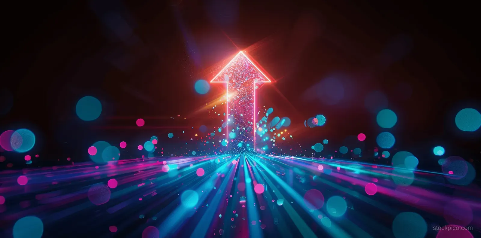 Neon upward arrow glows in a dark abstract tunnel with colorful particle light trails.