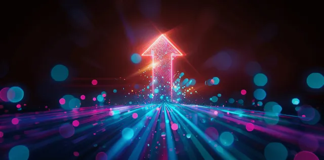 Neon arrow rising through glowing particle lines in dark abstract tunnel