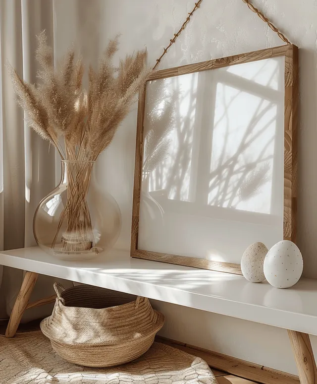 Wooden A4 photo frame on a kids room shelf with Easter eggs and dried pampas grass in natural window light.