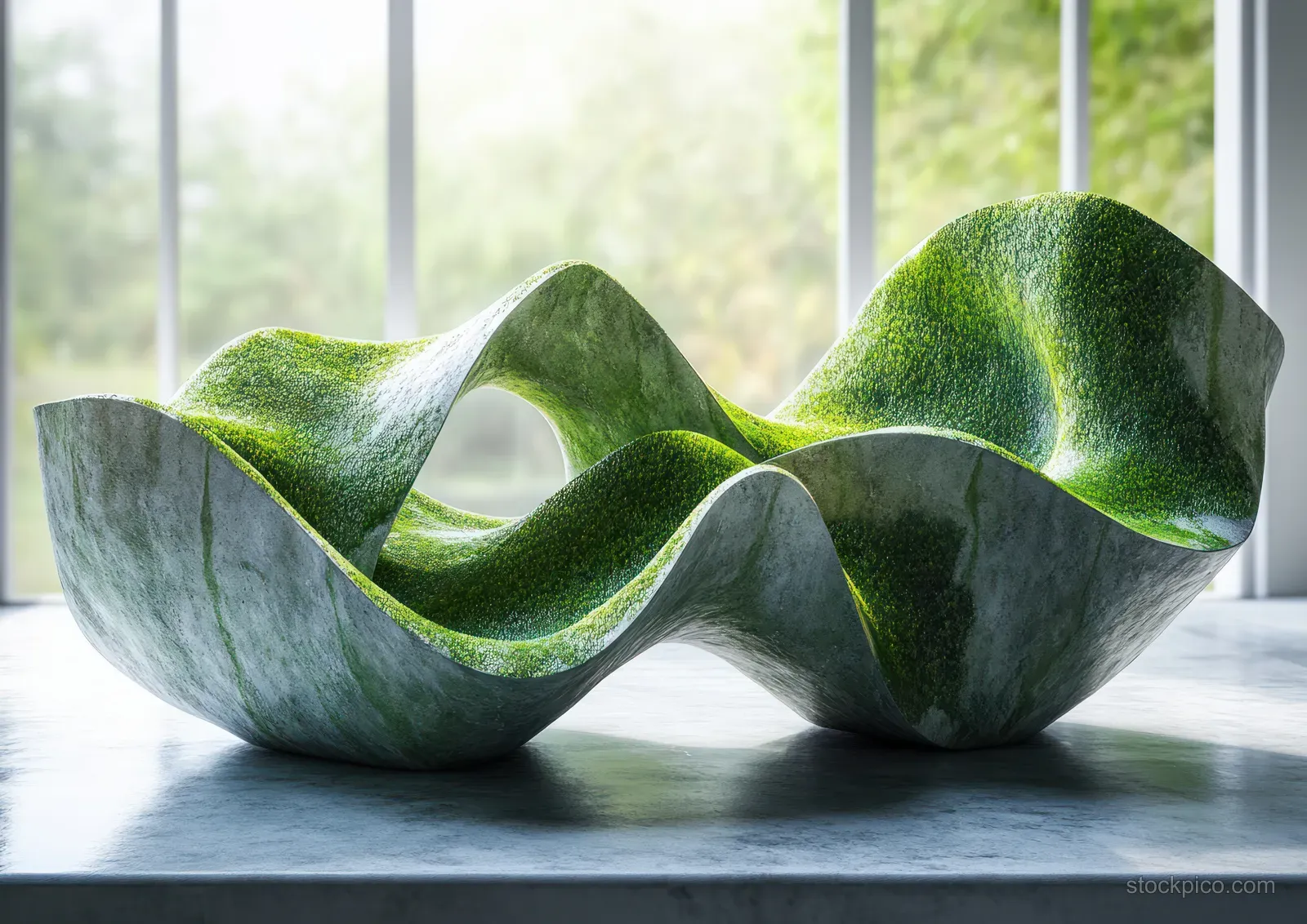 Curled green grass-like 3D podiums on a light floor under soft window light with a blurred outdoor background.