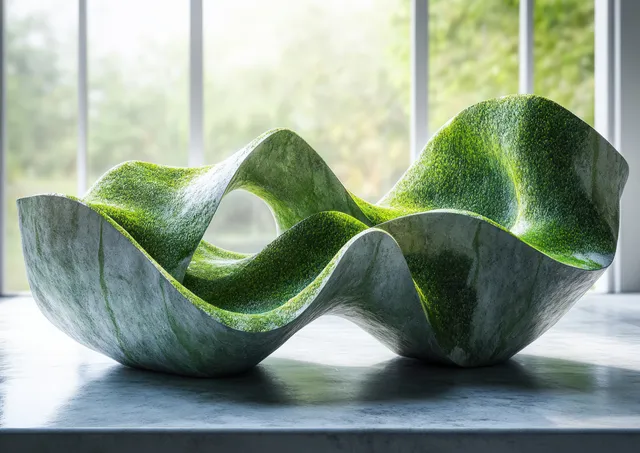 Curled green grass-like 3D podiums on a light floor under soft window light with a blurred outdoor background.