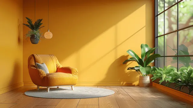 Orange armchair sits in a bright minimalist living room beside a yellow wall and window with potted plants.