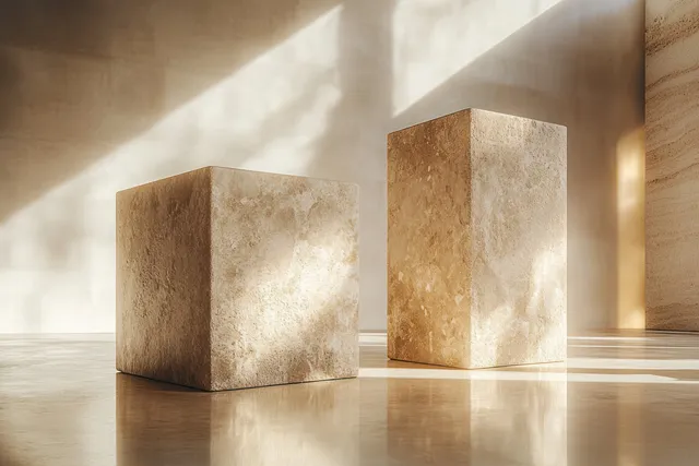 Two textured stone blocks of different heights cast soft shadows on a polished reflective floor.