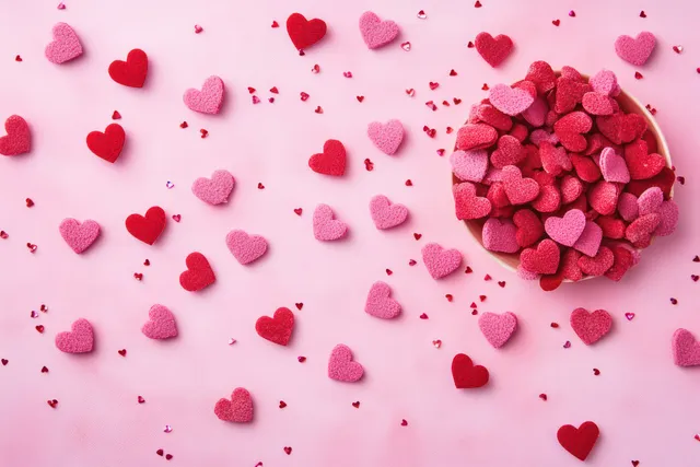 Red and pink heart confetti scattered across a pink background for Valentine’s Day