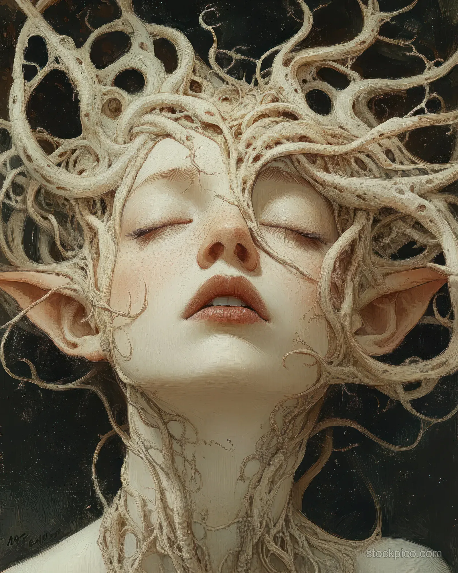 Humanoid face with closed eyes and elongated ears, wrapped in root-like branches against a dark background.