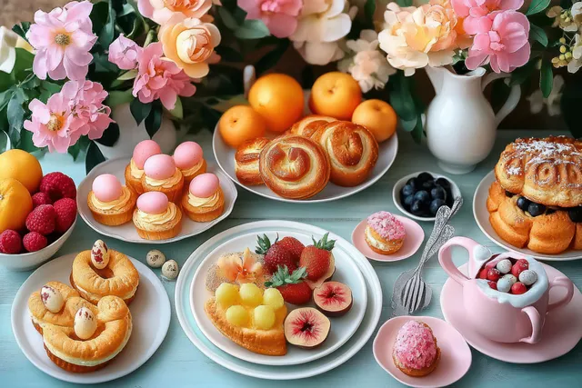Assorted pastries and fruit desserts on plates with a pink cup of berries and cream, surrounded by colorful flowers.