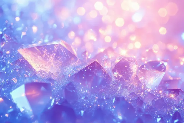 Shimmering crystal fragments glow under soft pastel bokeh light and prismatic refractions