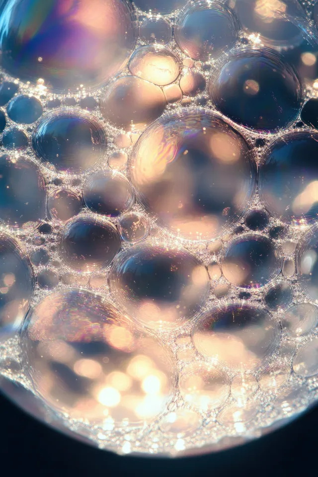 A close-up cluster of translucent soap bubbles shows iridescent reflections and soft glowing highlights on their curved surfaces.