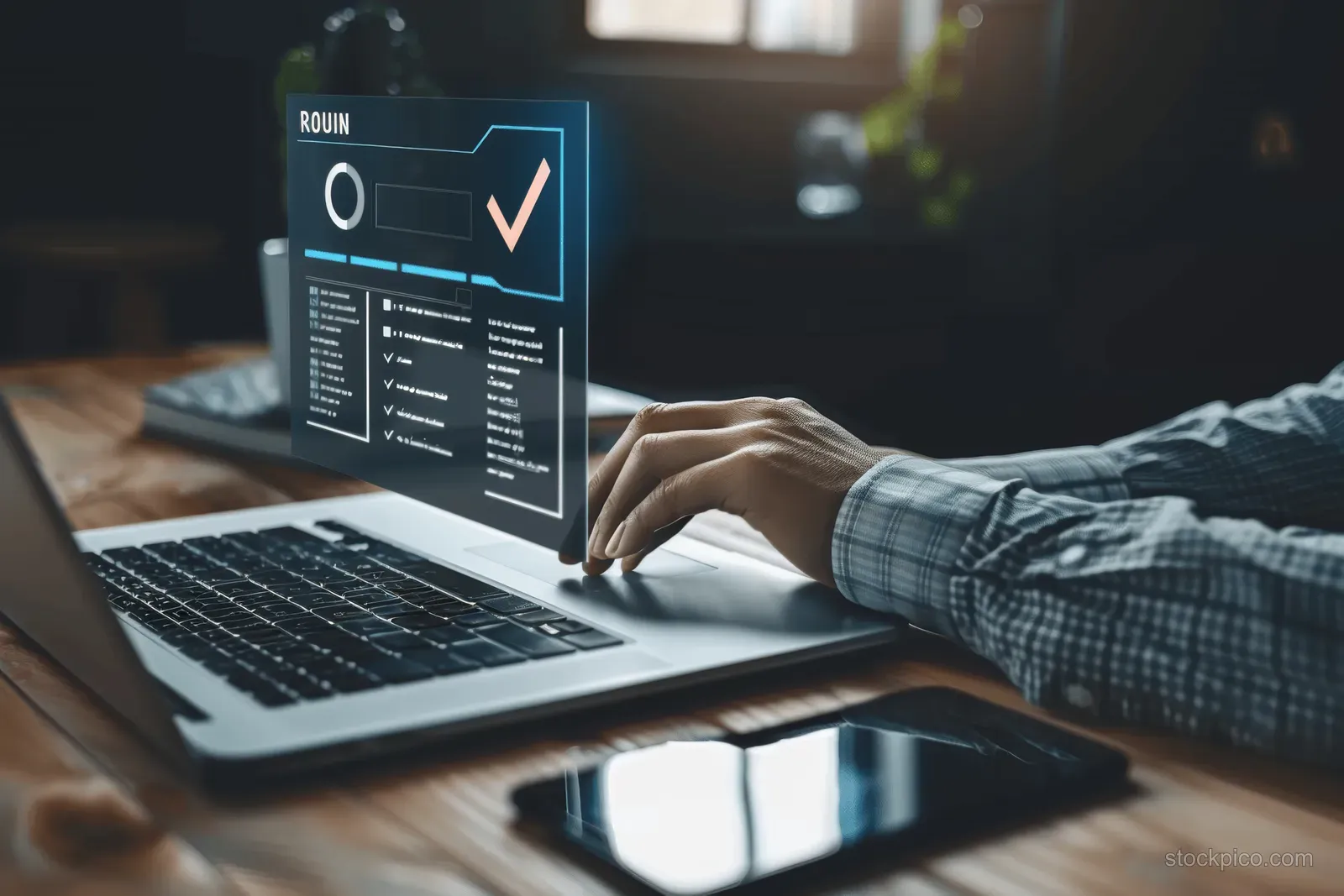 A woman marks an ISO quality checklist on a laptop while virtual approval icons appear on screen.