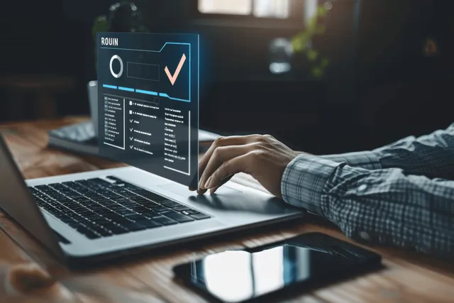 A woman marks an ISO quality checklist on a laptop while virtual approval icons appear on screen.