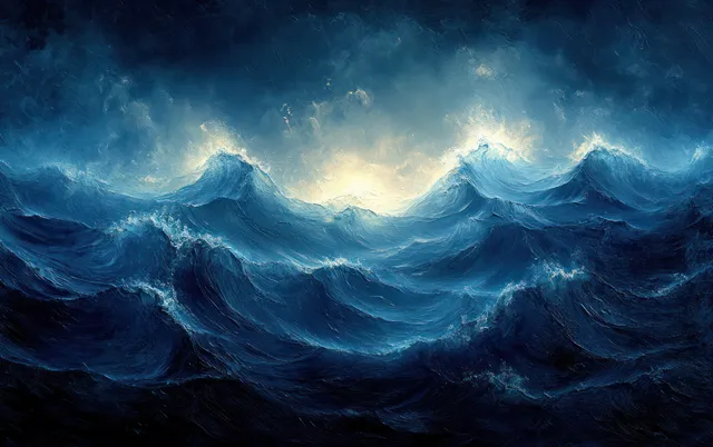 Ethereal blue ocean waves with glowing crest highlights and misty atmospheric depth