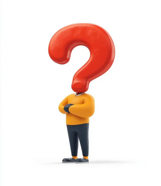 3D businessman character holding a red question mark on a clean studio background