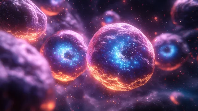 Glowing nuclei in a microscopic 3D cell division cluster float against a purple bioluminescent space background.