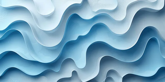 Formas onduladas en capas de recorte de papel azul claro y blanco se extienden por un fondo abstracto.