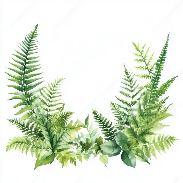 Watercolor ferns and green leaves arranged in a frame around a blank background for greeting cards.