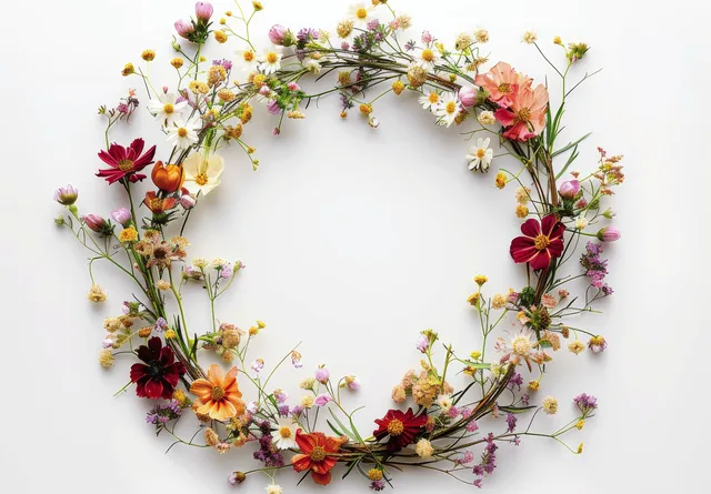 Wildflower wreath of pink and yellow blossoms in a golden frame centered on a white background.