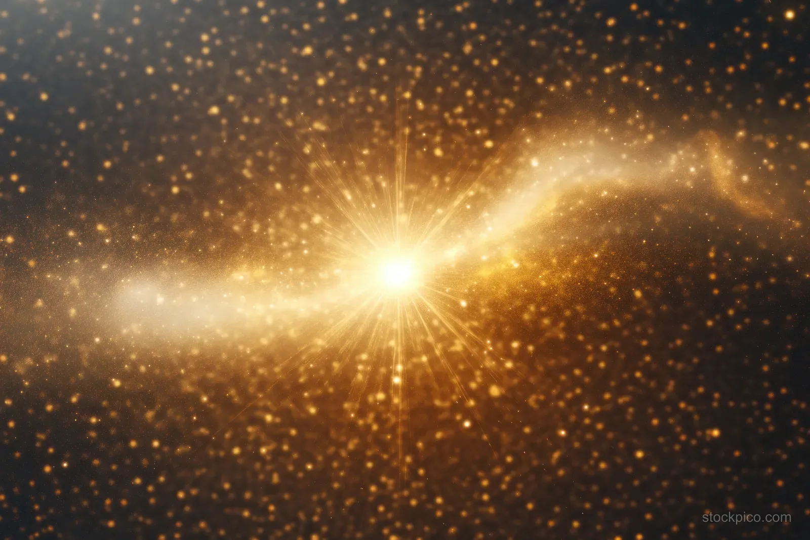 A glowing golden star emits a central light burst surrounded by cosmic dust and sparkling particles in dark space.