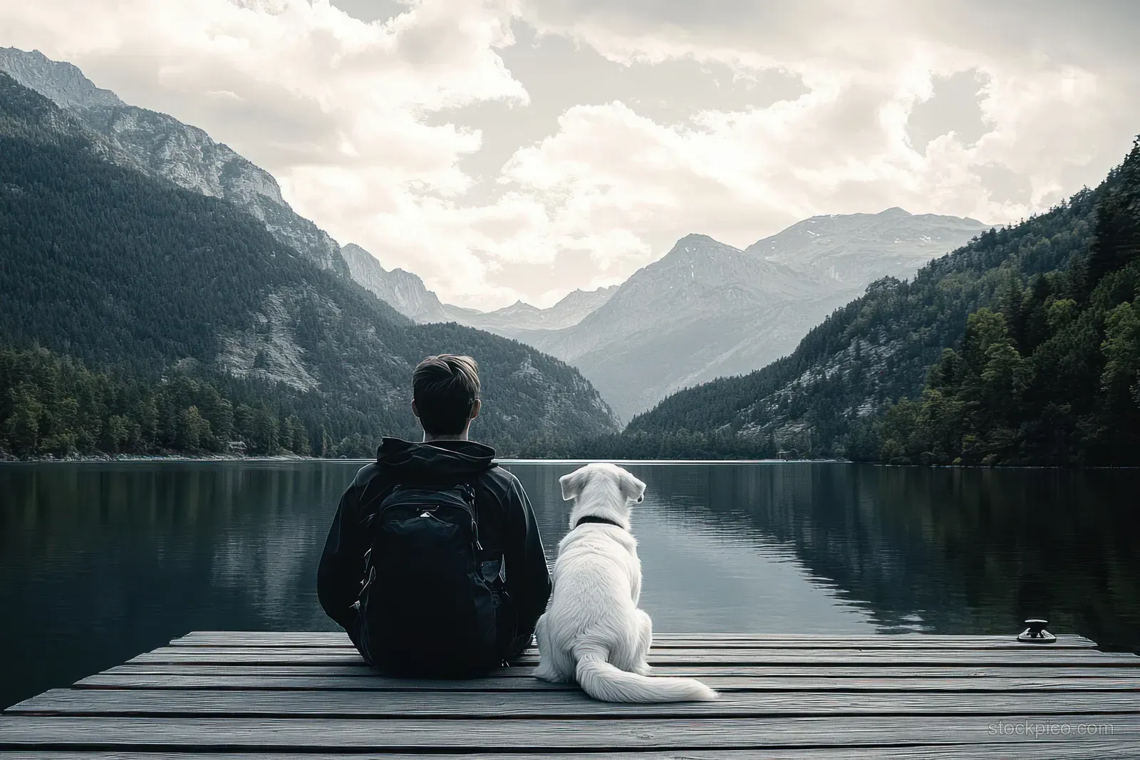 A backpacked traveler sits on a wooden dock with a white dog beside a calm lake and forested mountains under clouds.