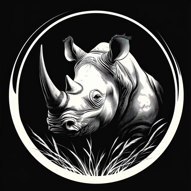 Monochrome rhinoceros head illustration surrounded by grass inside a circular frame on a dark background.