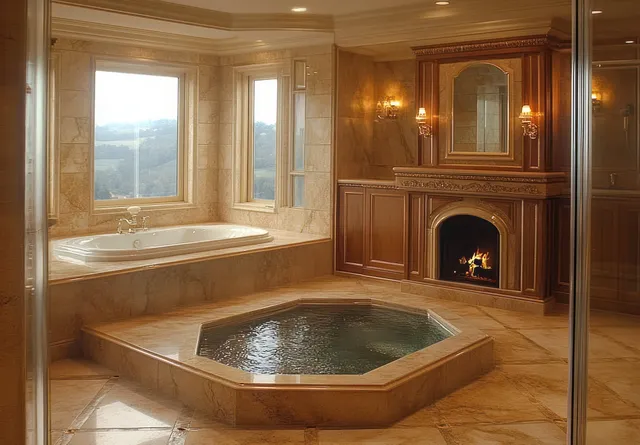 An octagonal hot tub sits in a marble bathroom beside large windows and a glowing fireplace.