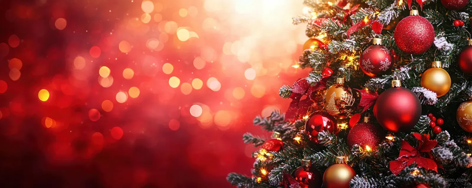 Decorated Christmas tree branches with red and gold baubles and warm light bokeh against a red festive background.