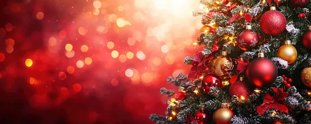 Festive Christmas tree branches with red and gold baubles, warm lights bokeh backdrop