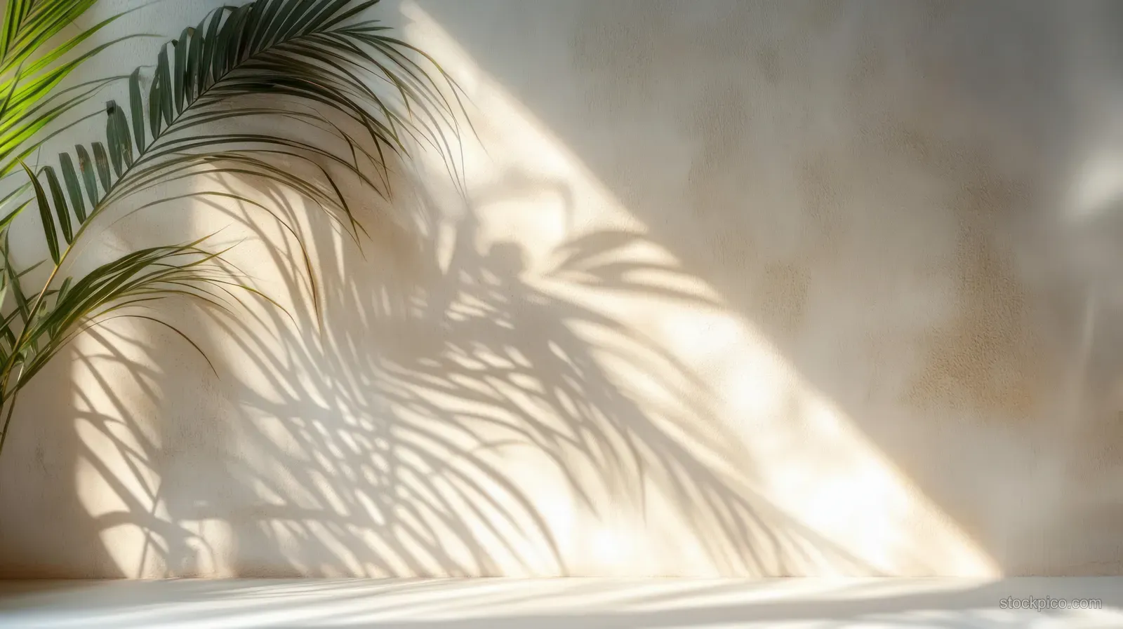 Palm leaves cast intricate shadow patterns on a textured beige wall under soft sunlight.