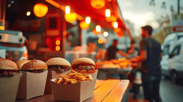 Street food festival burgers and shawarma sold from food trucks under glowing bokeh lights