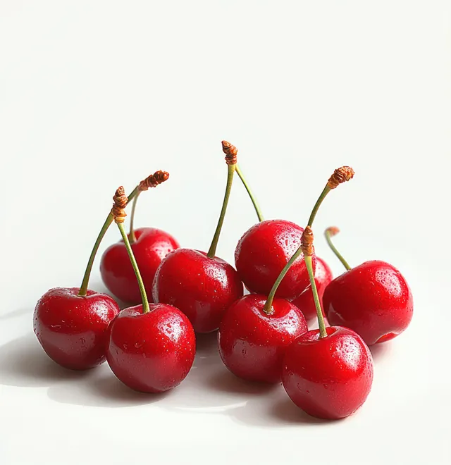 Cherries on white background, minimalist still life with glossy red fruit