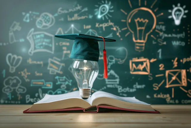 Graduation cap and open book with glowing light bulb in a chalkboard classroom with Shallow Depth Of Field