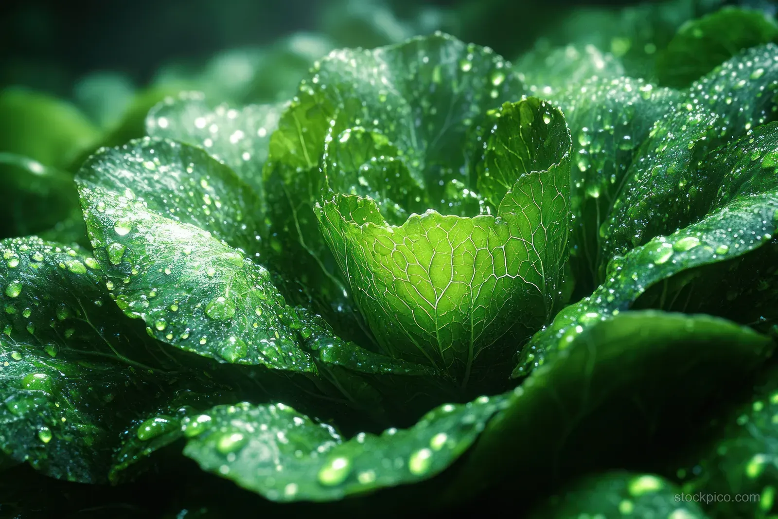 Macro close-up of fresh green lettuce leaves with water droplets catching bright natural light.