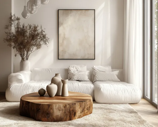 Blank framed poster centered above a plush white sofa with a wooden coffee table and sheer curtains letting in natural light.