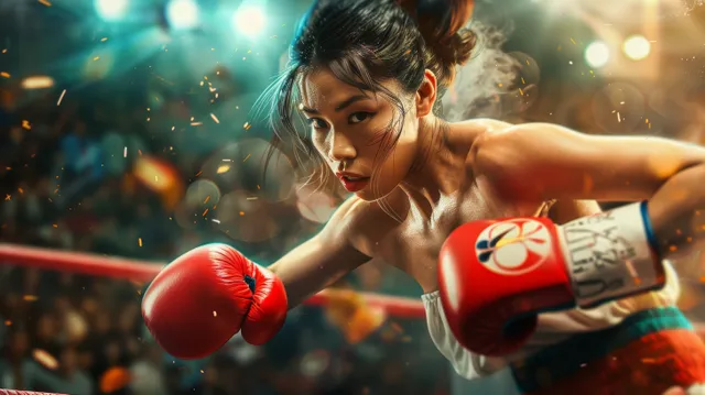 Japanese female flyweight boxer throwing a right punch inside a bright arena ring