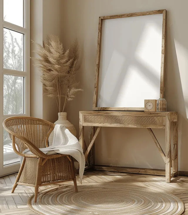 Boho living room corner with blank poster frame, wooden desk, and warm sunlit floor