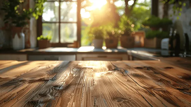Sunlit wooden kitchen table fills the foreground while a blurred countertop and window glow behind it.