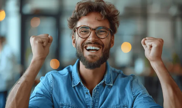 Smiling man in blue shirt and glasses raises both fists while working on a laptop in a blurred office.