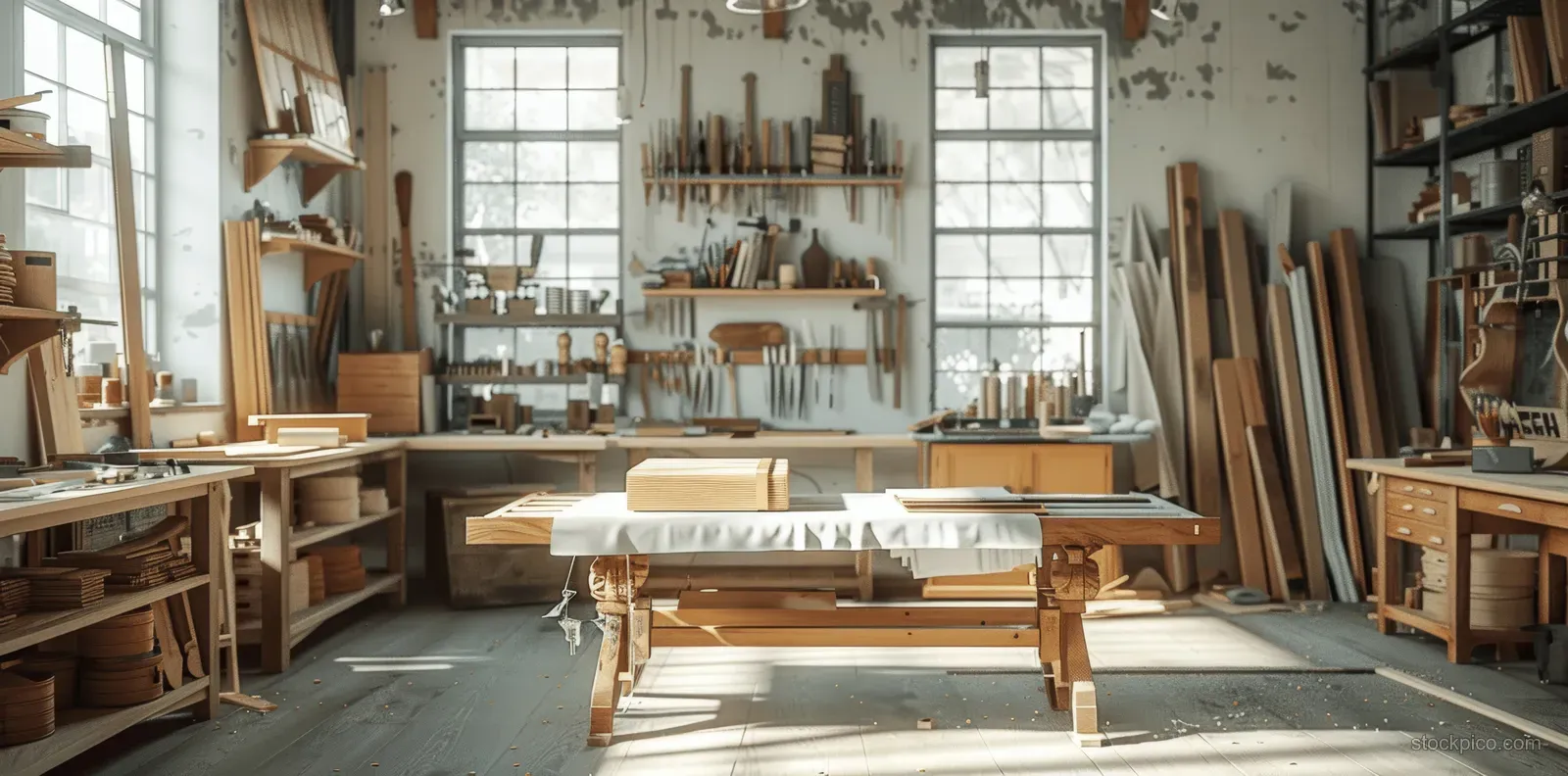 Sunlight streams through workshop windows onto a wooden workbench surrounded by tools and wooden planks.