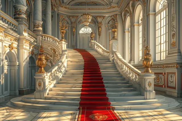 Grand palace staircase with red carpet runner inside medieval castle hall, marble pillars