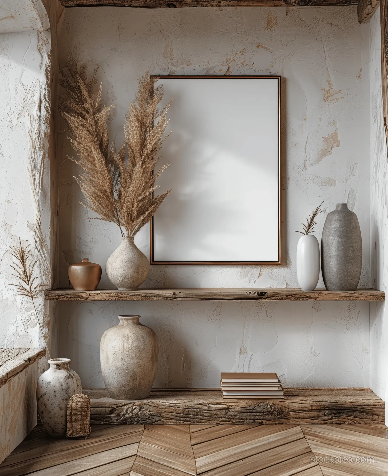 Blank poster frame hangs above a wooden shelf with ceramic vases and pampas grass in a minimalist interior.
