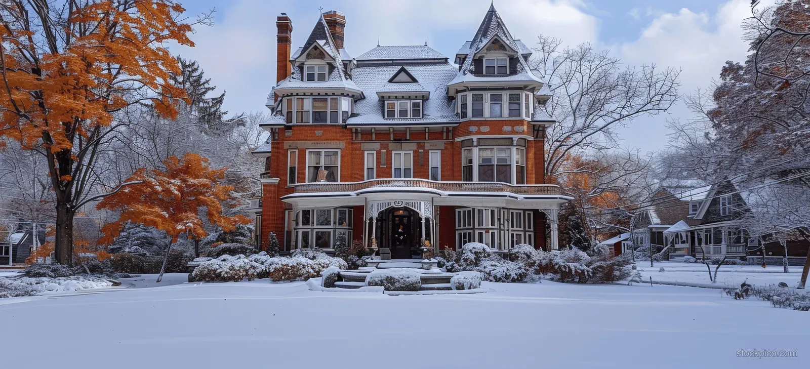 Victorian red brick mansion with white trim and snow-covered porch in a Montreal suburban street during winter.