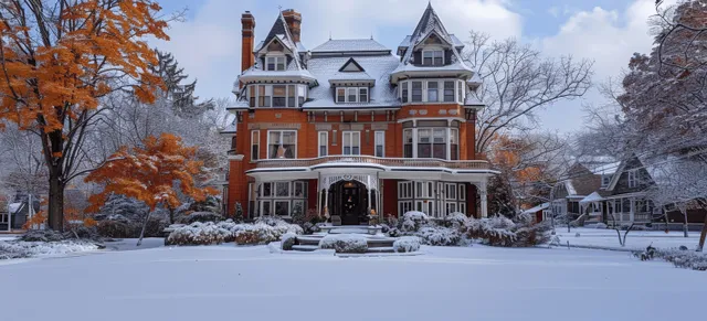Victorian red brick mansion with white trim and snow-covered porch in a Montreal suburban street during winter.