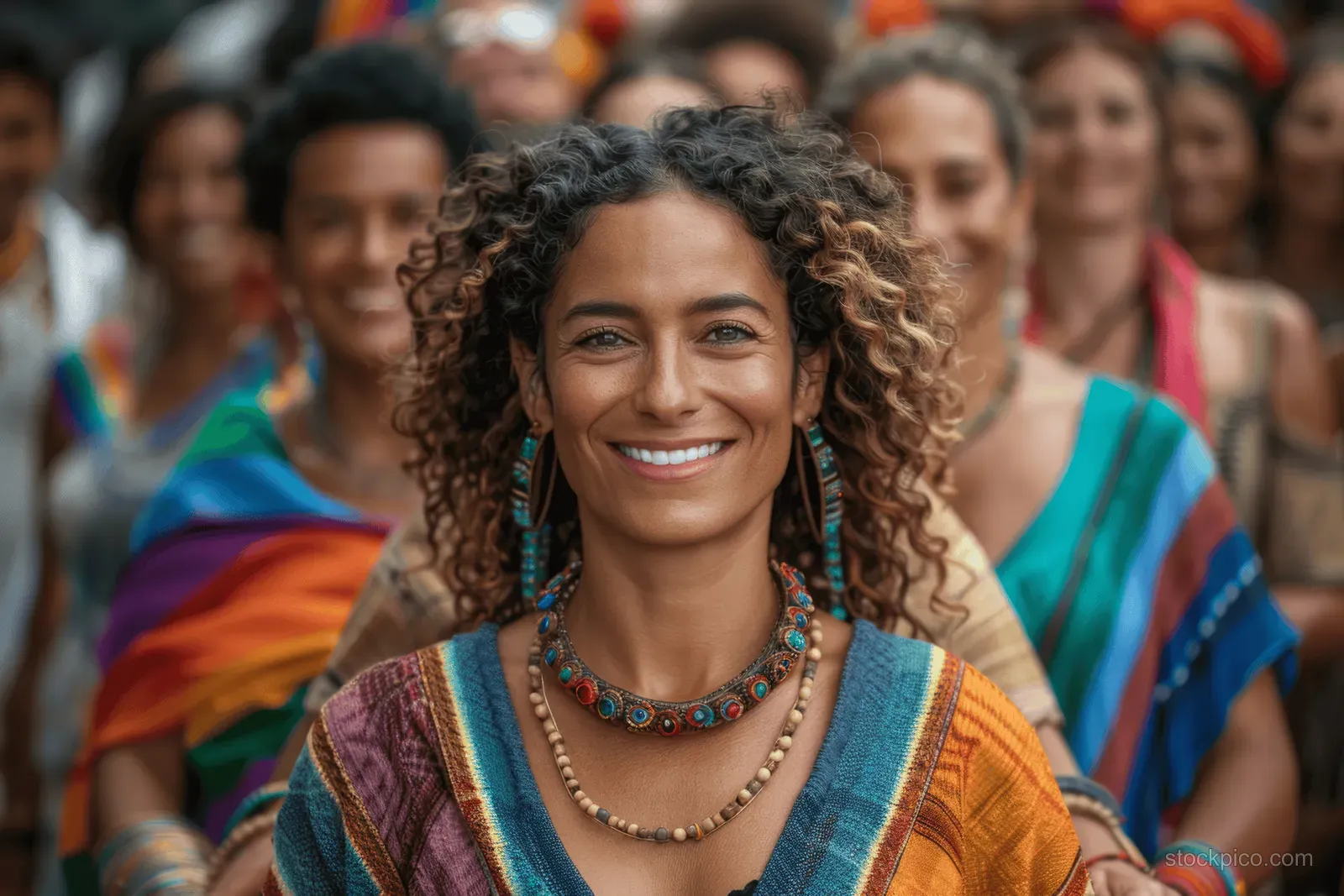 Smiling Pride participant in a rainbow-themed outfit with a colorful crowd behind during an outdoor festival.