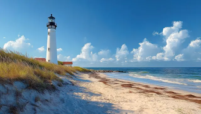 A white lighthouse stands on sandy dunes beside a calm Atlantic beach with waves and blue sky.
