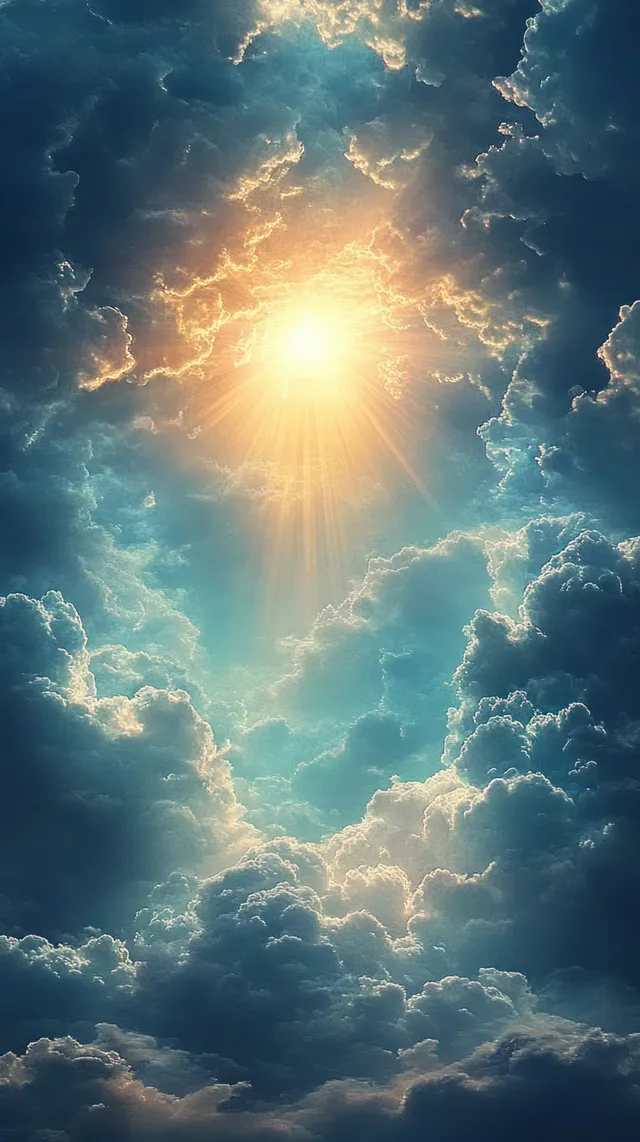 Golden sunlight shines through storm clouds, creating bright sun rays across a blue sky.