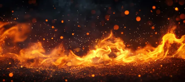 Flame waves with sparks and smoke glow across a dark inferno background