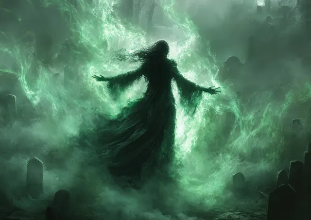 Spectral sorcerer casting green magic in a misty graveyard, swirling fog and tombstones