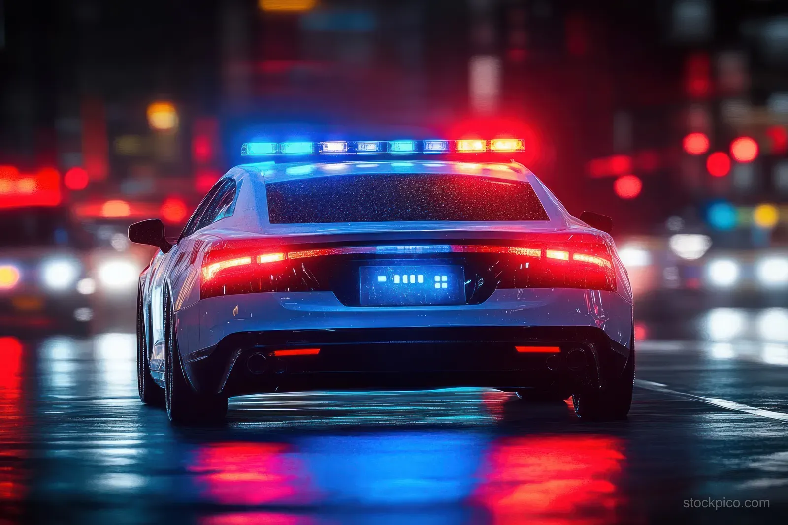 A futuristic cyberpunk police car speeding at night with red and blue flashing lights on a wet street.