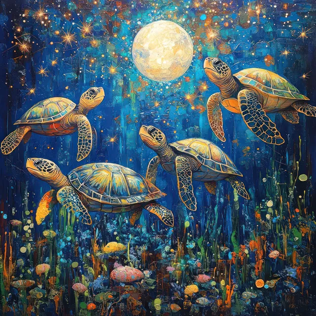 Colorful turtles swim underwater beneath a glowing full moon and starry dot-paint lights over coral and sea grass.